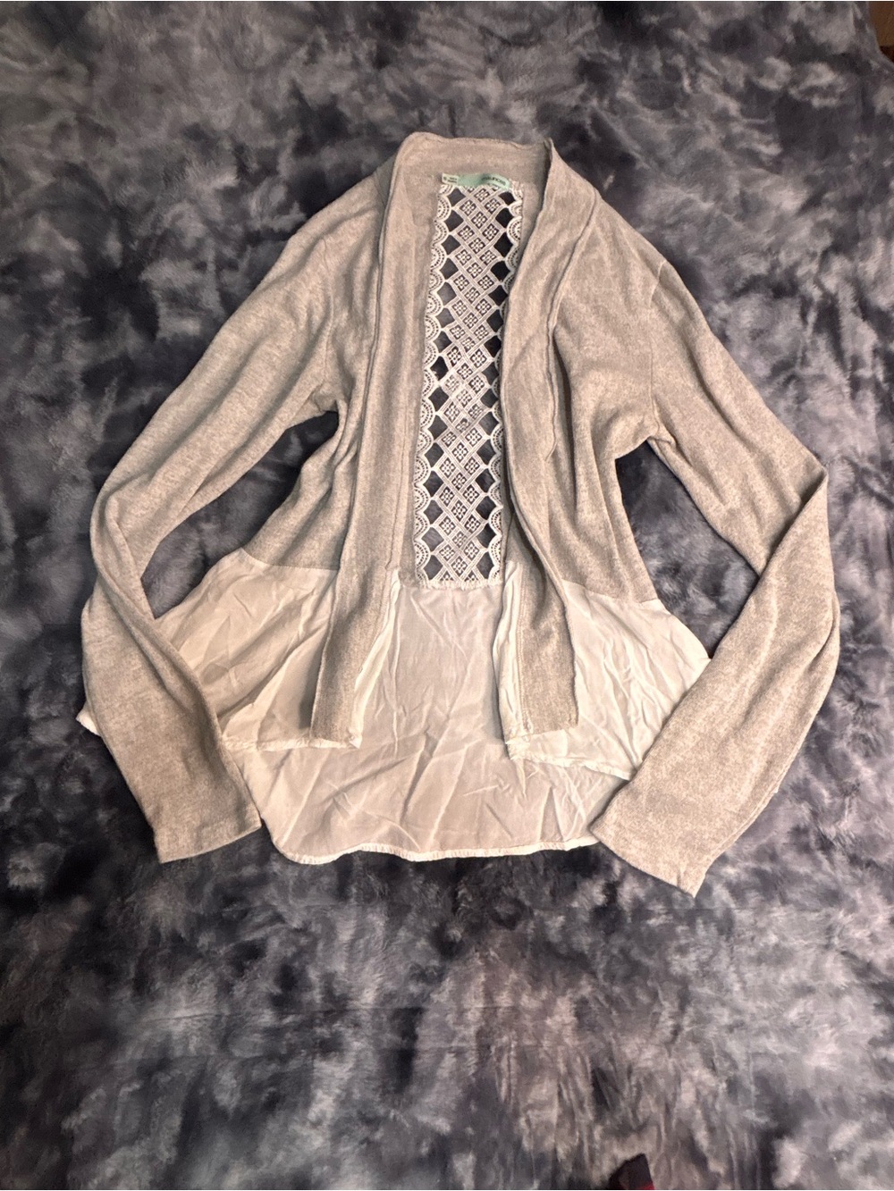 Maurices Light Gray Open-Front Cardigan with Lace Back